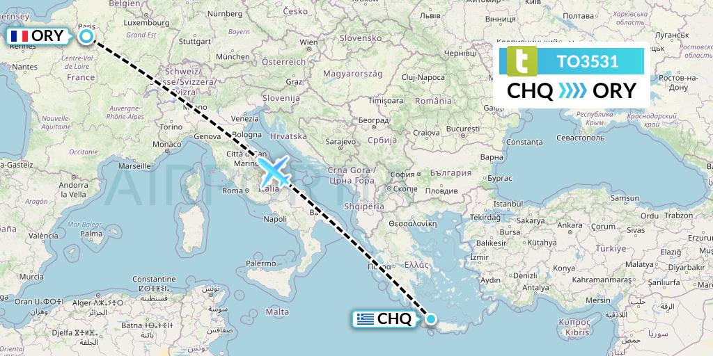 TO3531 Transavia France Flight Map: Chania to Paris