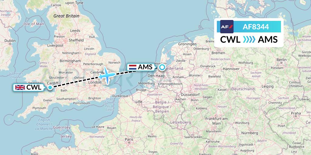 AF8344 Air France Flight Map: Cardiff to Amsterdam