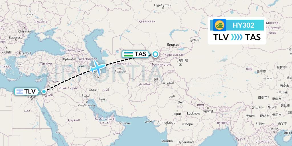 HY302 Uzbekistan Airways Flight Map: Tel Aviv to Tashkent