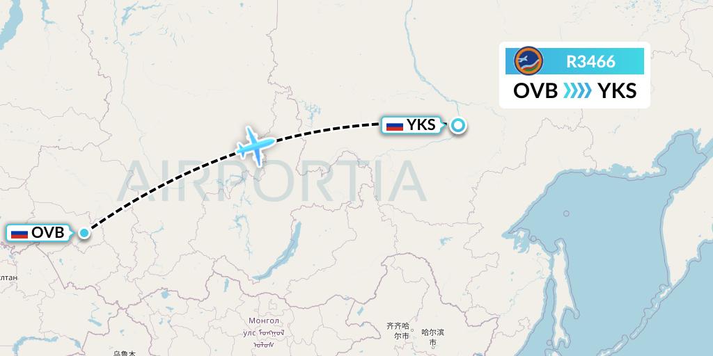R3466 Yakutia Airlines Flight Map: Novosibirsk to Yakutsk