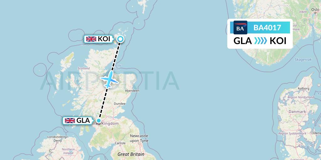 BA4017 British Airways Flight Map: Glasgow to Kirkwall
