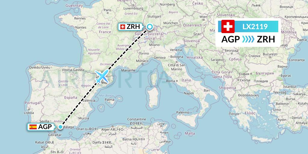 LX2119 Swiss Flight Map: Malaga to Zurich