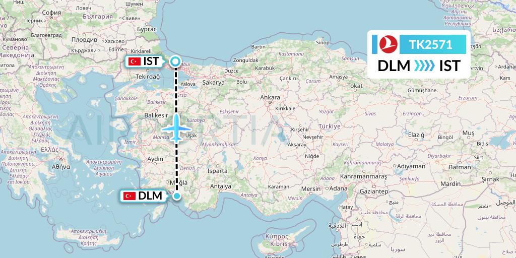 TK2571 Turkish Airlines Flight Map: Dalaman to Istanbul