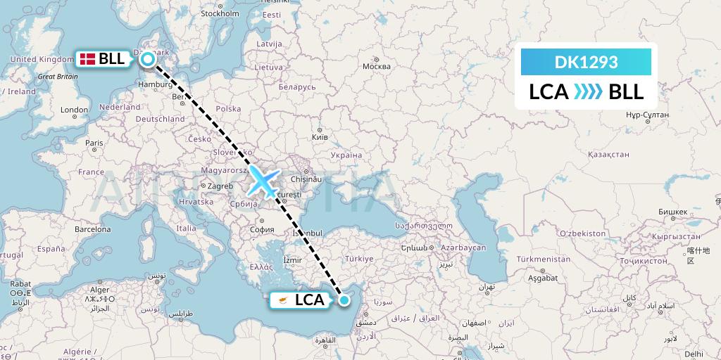 DK1293 Thomas Cook Airlines Scandinavia Flight Map: Larnaca to Billund
