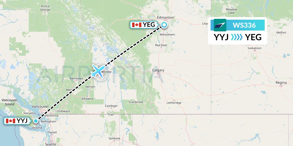 WS336 WestJet Flight Map: Victoria to Edmonton
