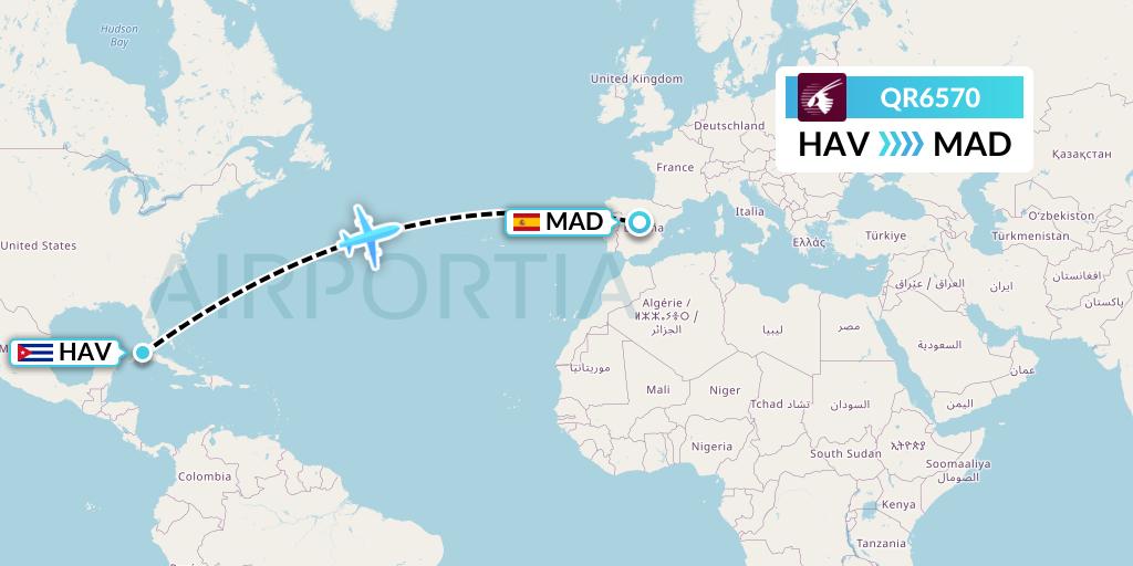 QR6570 Qatar Airways Flight Map: Havana to Madrid