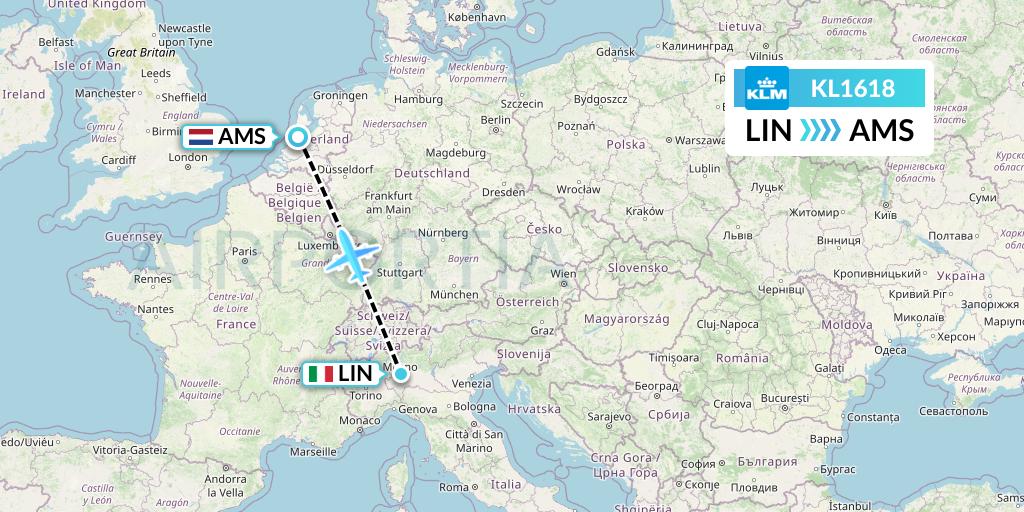 KL1618 KLM Flight Map: Milan to Amsterdam