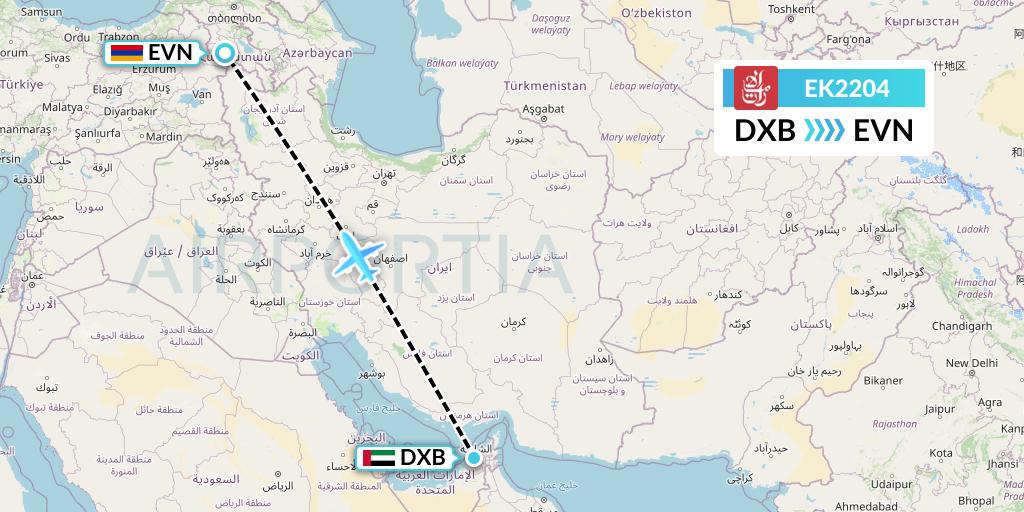 EK2204 Emirates Flight Map: Dubai to Yerevan