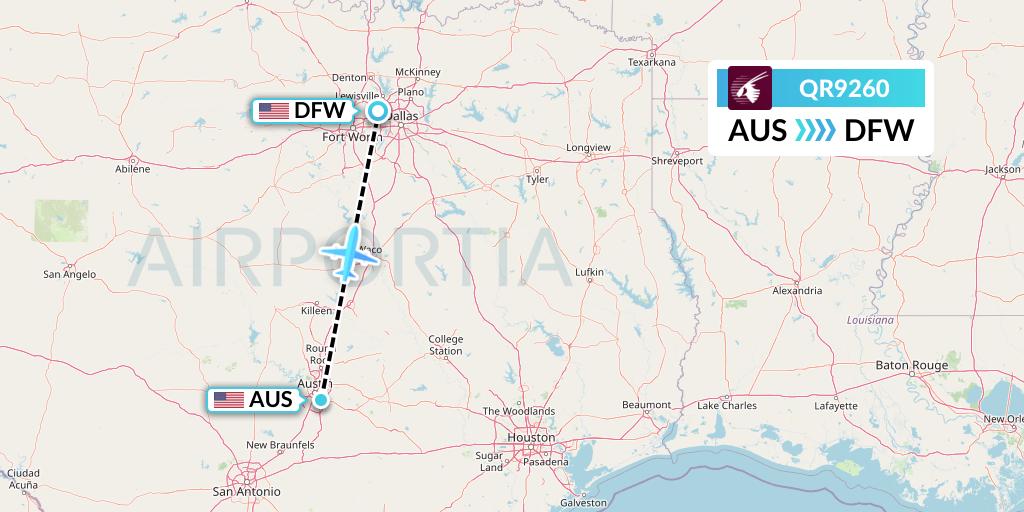 QR9260 Qatar Airways Flight Map: Austin to Dallas