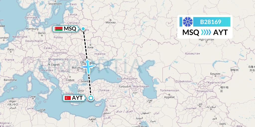 B28169 Belavia Flight Map: Minsk to Antalya