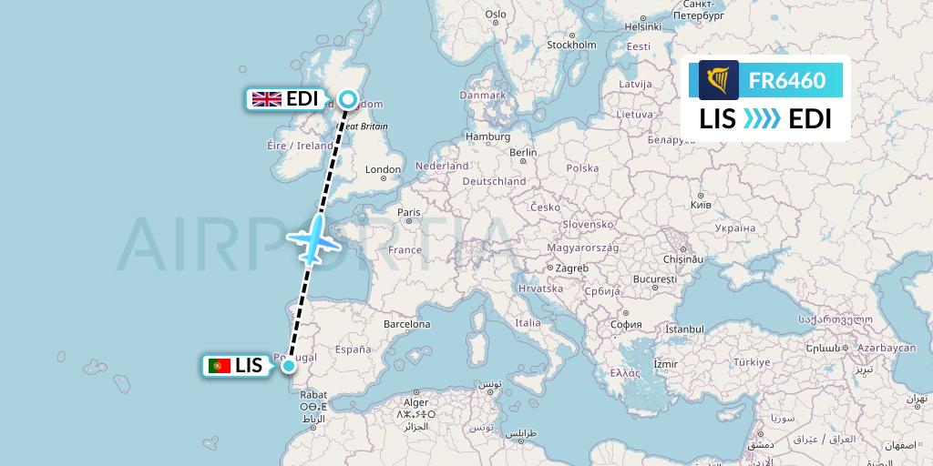 FR6460 Ryanair Flight Map: Lisbon to Edinburgh
