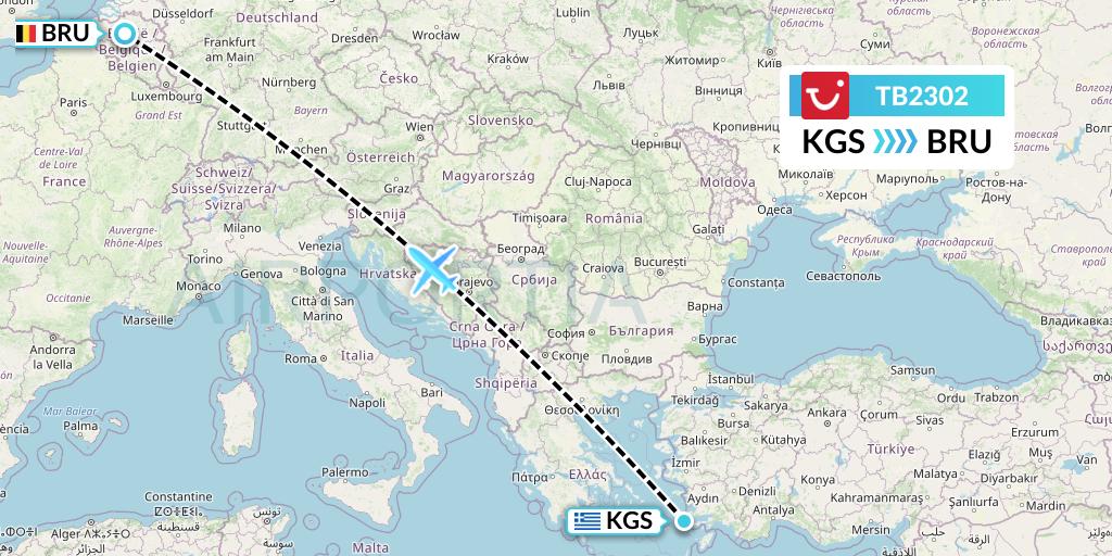 TB2302 TUI fly Belgium Flight Map: Kos to Brussels