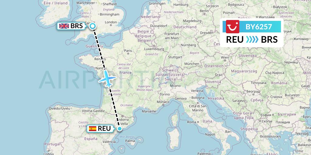 BY6257 TUI Airways Flight Map: Reus to Bristol