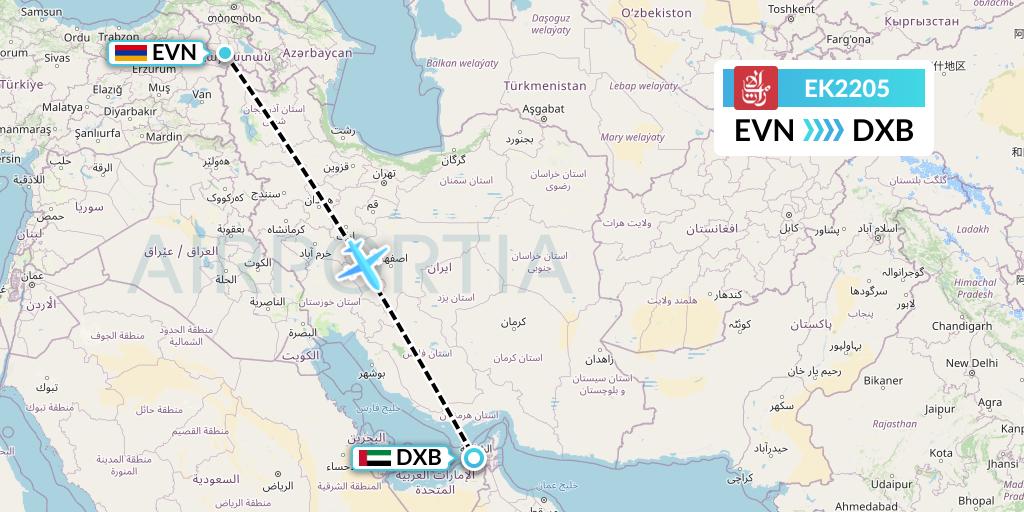 EK2205 Emirates Flight Map: Yerevan to Dubai