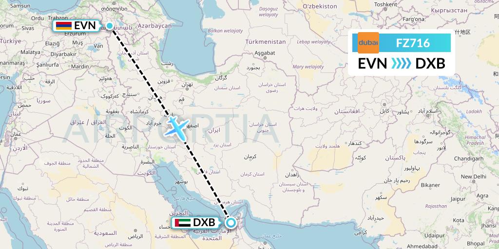 FZ716 FlyDubai Flight Map: Yerevan to Dubai