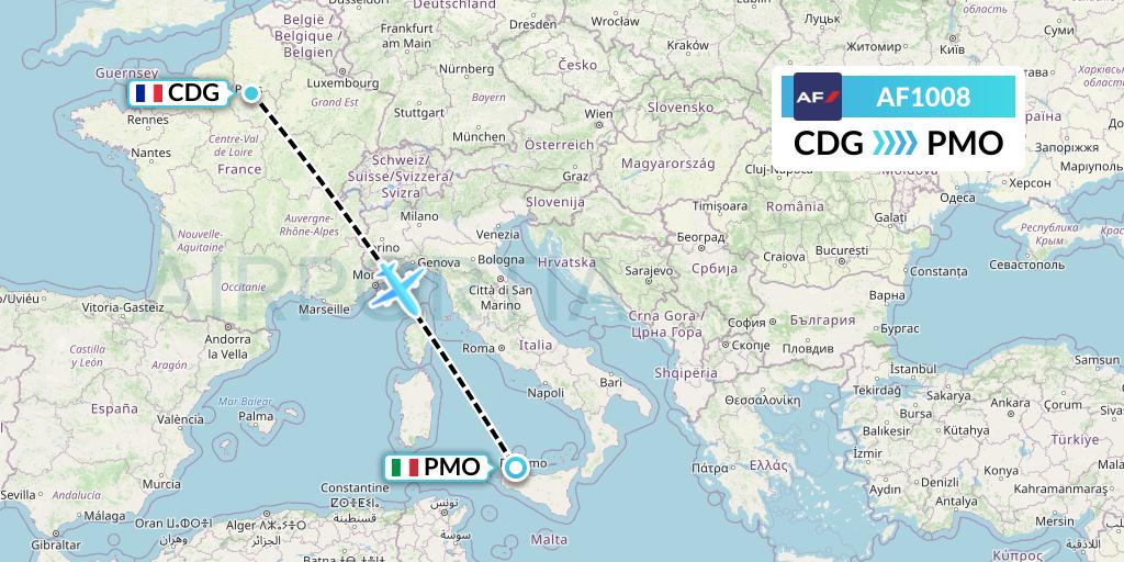 AF1008 Air France Flight Map: Paris to Palermo