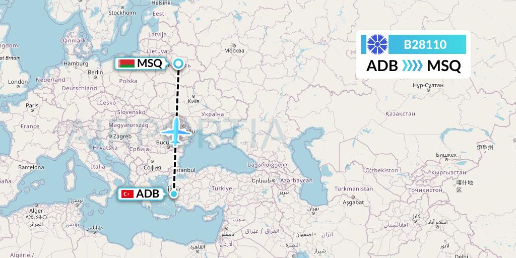 B28110 Belavia Flight Map: Izmir to Minsk