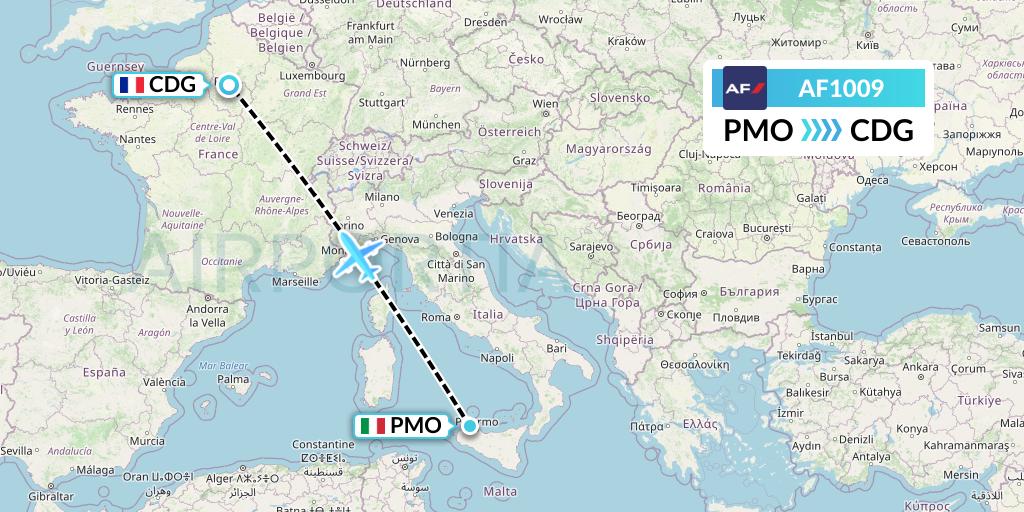 AF1009 Air France Flight Map: Palermo to Paris