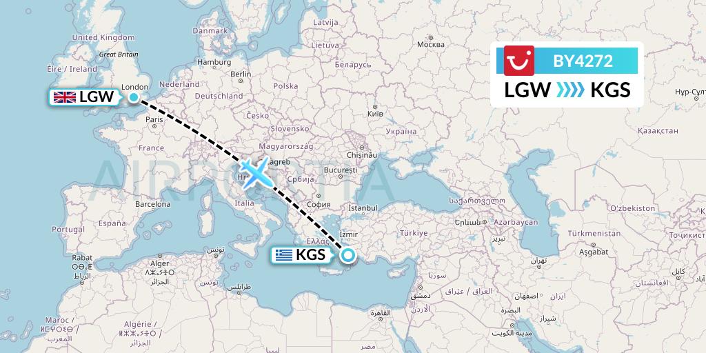 BY4272 TUI Airways Flight Map: London to Kos