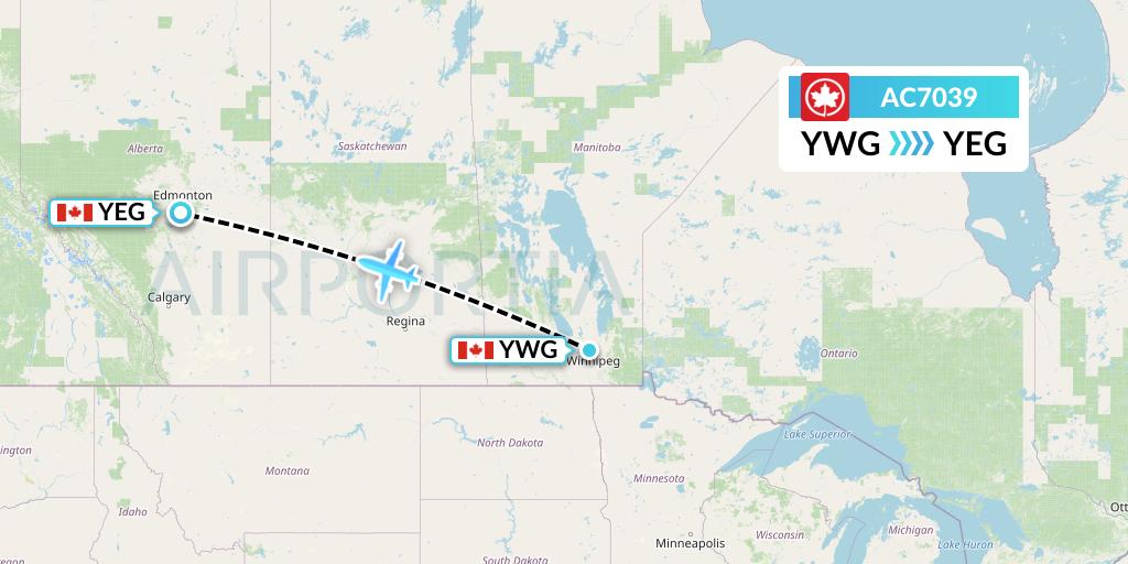 AC7039 Air Canada Flight Map: Winnipeg to Edmonton