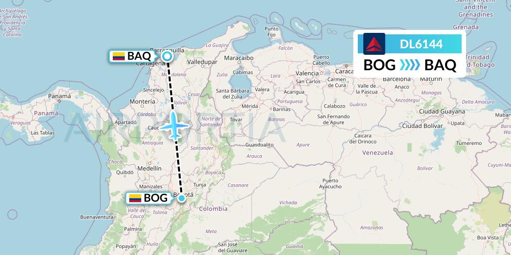 DL6144 Delta Air Lines Flight Map: Bogota to Barranquilla