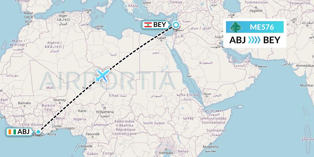 ME576 MEA Flight Map: Abidjan to Beirut