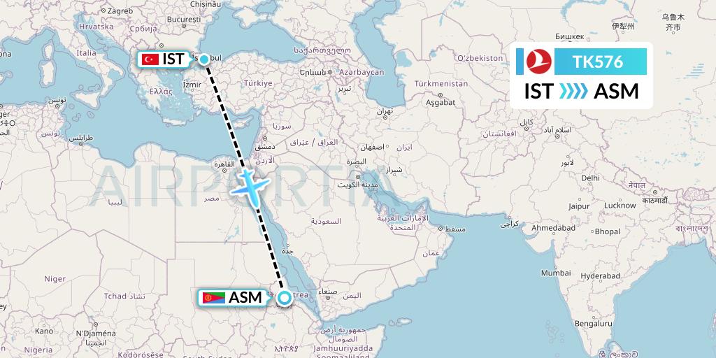TK576 Turkish Airlines Flight Map: Istanbul to Asmara