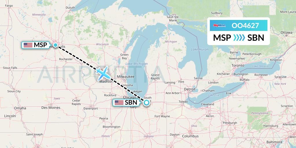 OO4627 SkyWest Airlines Flight Map: Minneapolis to South Bend