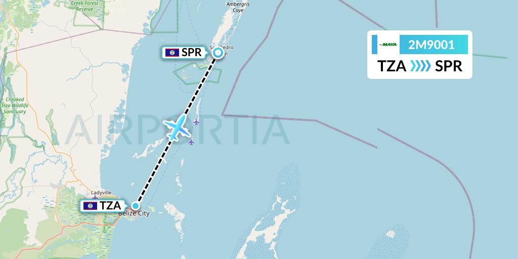 2M9001 Maya Island Air Flight Map: Belize City to San Pedro
