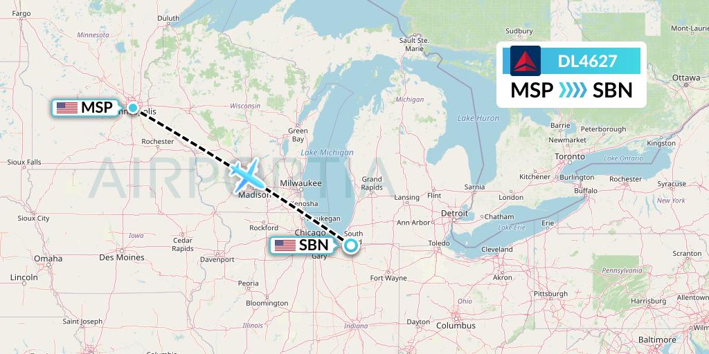 DL4627 Delta Air Lines Flight Map: Minneapolis to South Bend