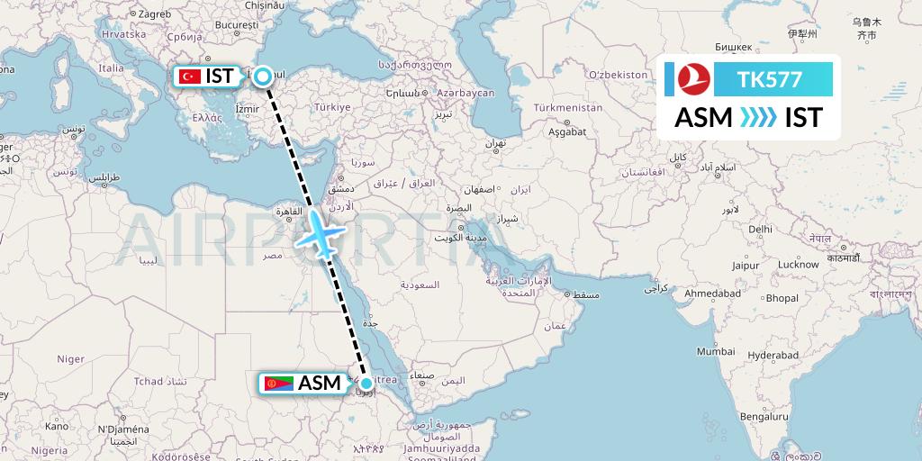TK577 Turkish Airlines Flight Map: Asmara to Istanbul