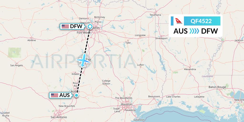 QF4522 Qantas Flight Map: Austin to Dallas