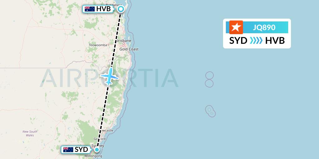 JQ890 Jetstar Airways Flight Map: Sydney to Hervey Bay