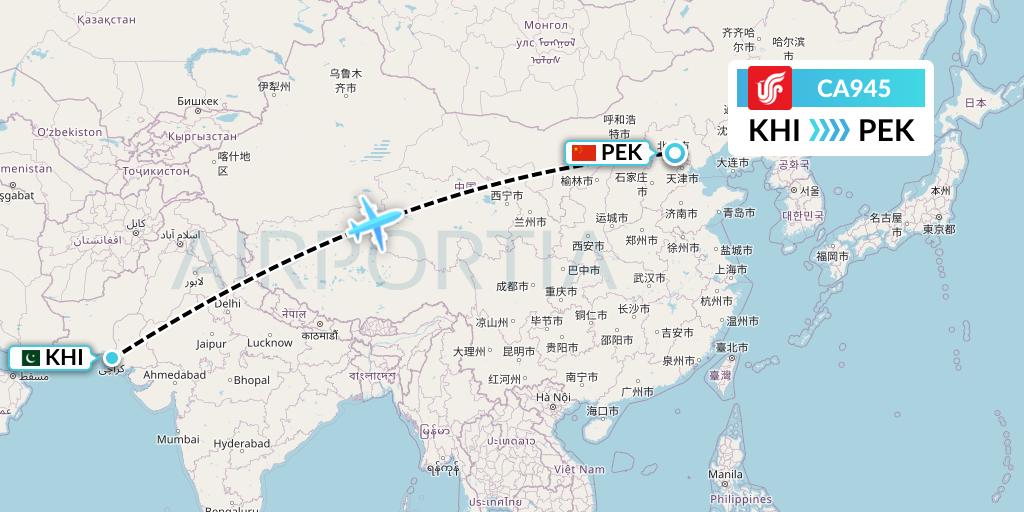 CA945 Air China Flight Map: Karachi to Beijing
