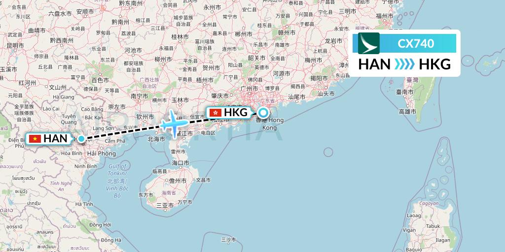 CX740 Cathay Pacific Flight Map: Hanoi to Hong Kong