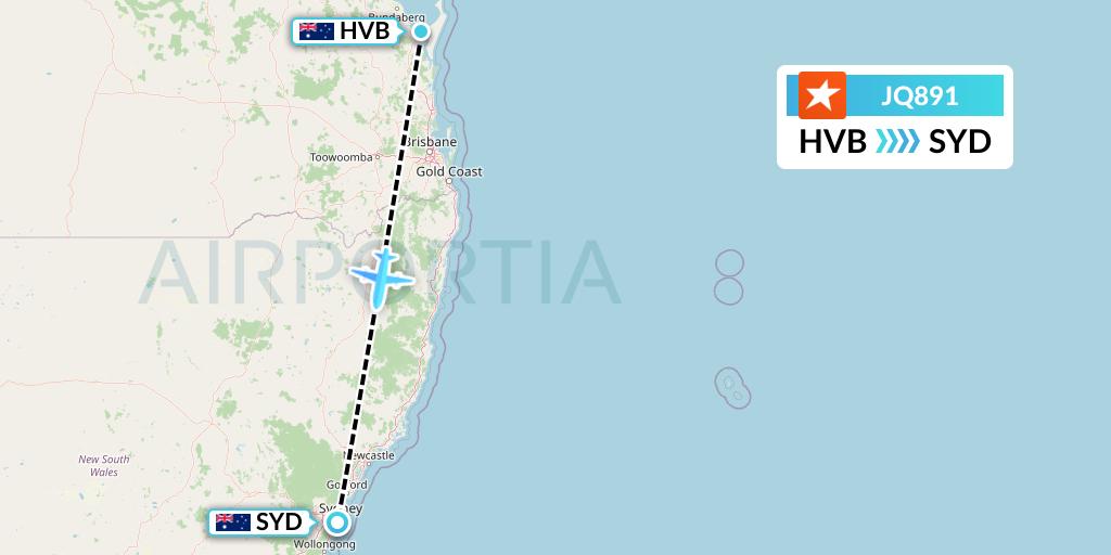 JQ891 Jetstar Airways Flight Map: Hervey Bay to Sydney