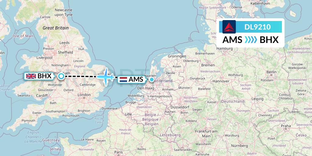 DL9210 Delta Air Lines Flight Map: Amsterdam to Birmingham