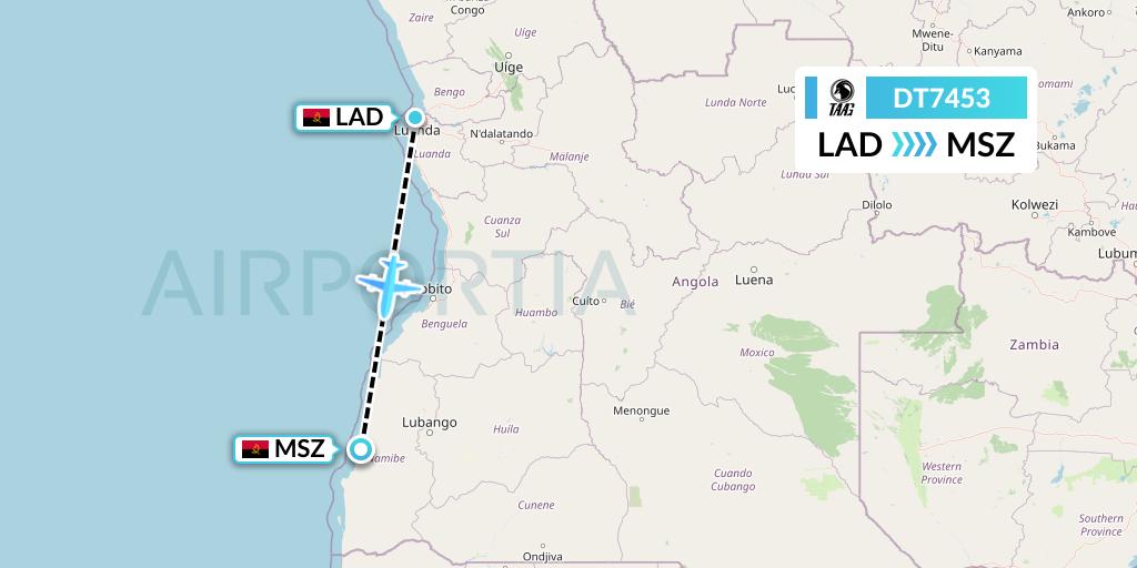 DT7453 TAAG Angola Airlines Flight Map: Luanda to Namibe