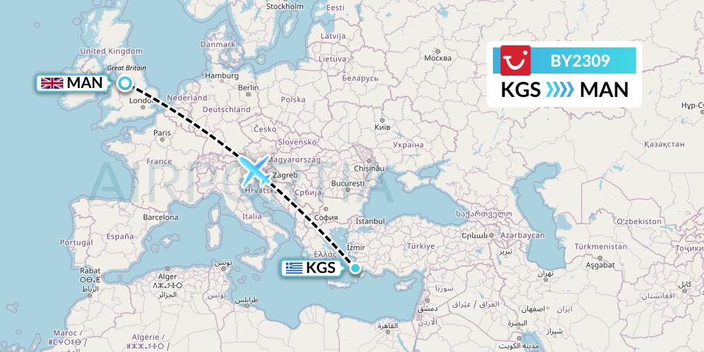 BY2309 TUI Airways Flight Map: Kos to Manchester