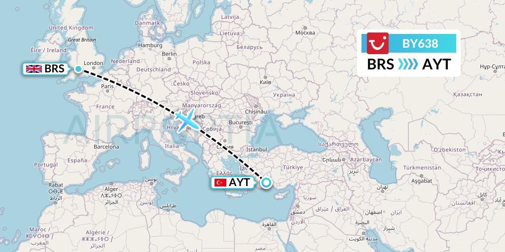 BY638 TUI Airways Flight Map: Bristol to Antalya