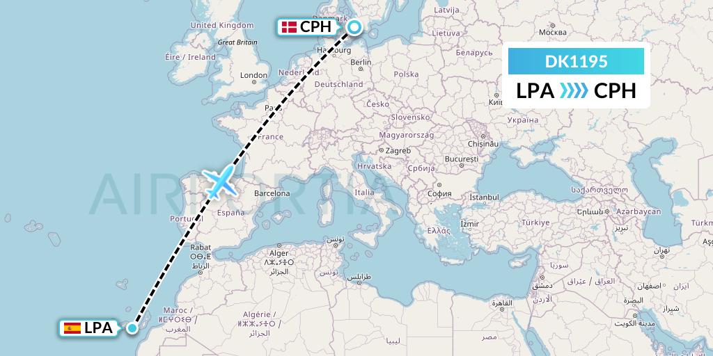DK1195 Thomas Cook Airlines Scandinavia Flight Map: Las Palmas to Copenhagen