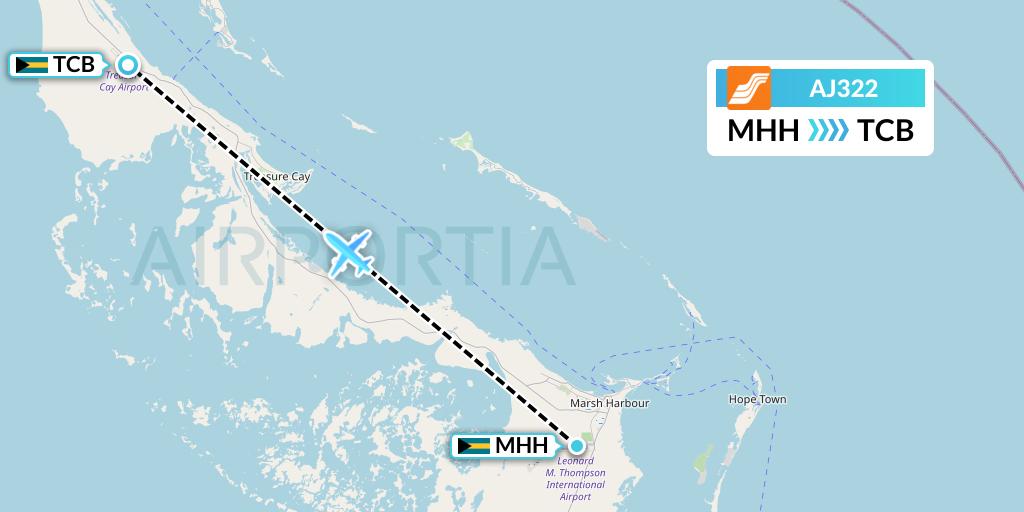 AJ322 Aztec Airways Flight Map: Marsh Harbour to Treasure Cay