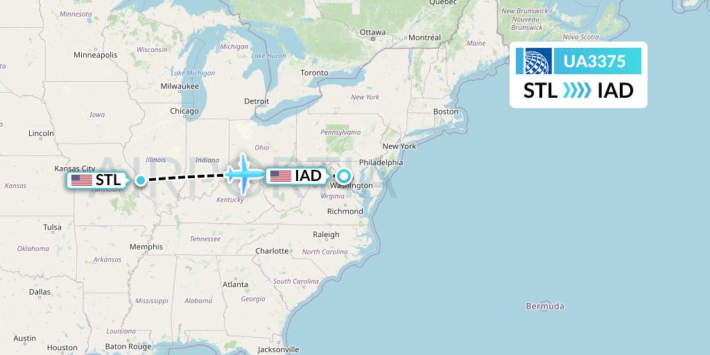 UA3375 United Airlines Flight Map: St. Louis to Washington