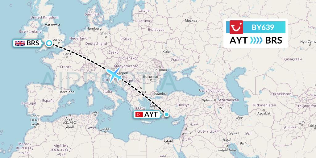 BY639 TUI Airways Flight Map: Antalya to Bristol