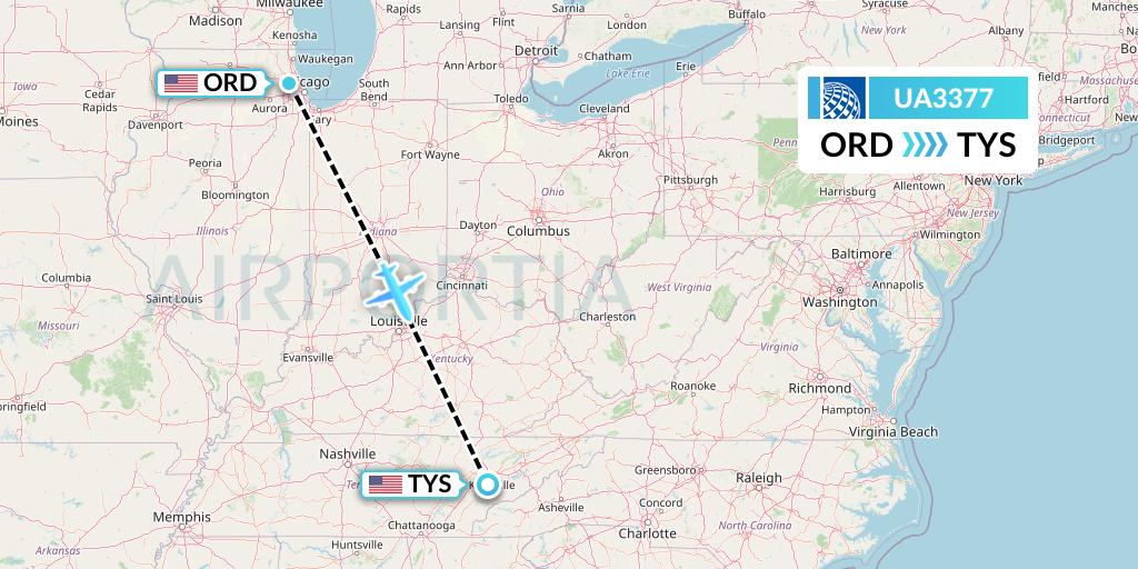 UA3377 United Airlines Flight Map: Chicago to Knoxville