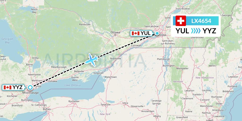 LX4654 Swiss Flight Map: Montreal to Toronto