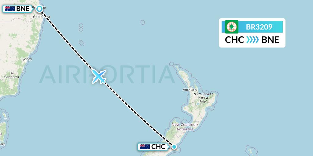 BR3209 EVA Air Flight Map: Christchurch to Brisbane