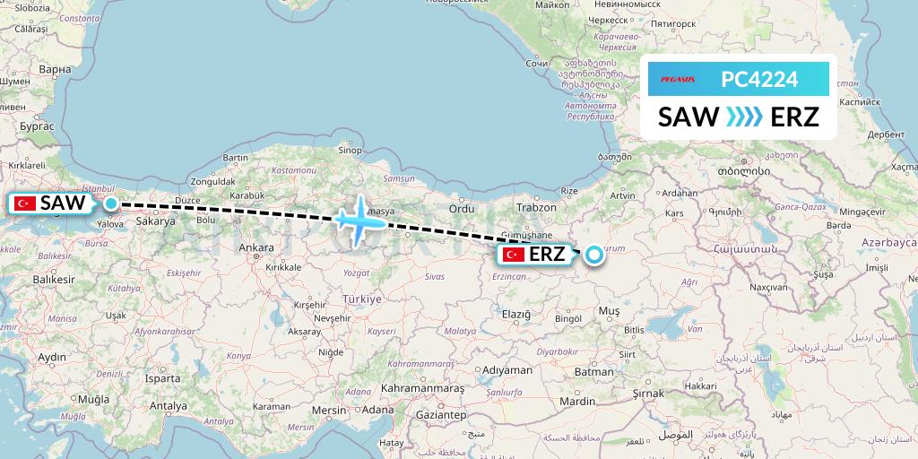 PC4224 Pegasus Airlines Flight Map: Istanbul to Erzurum