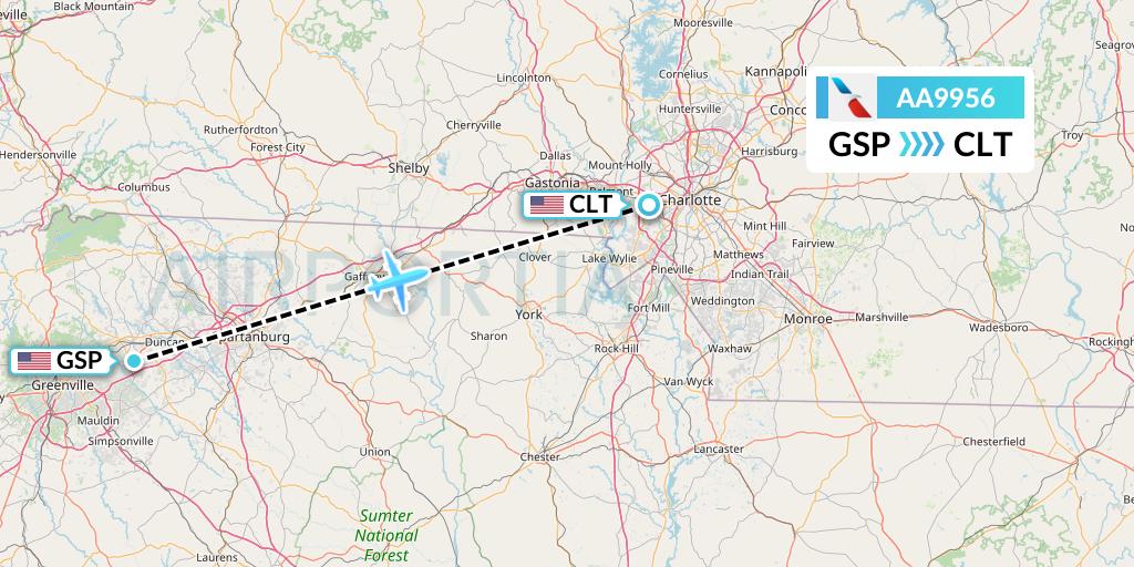 AA9956 American Airlines Flight Map: Greenville-Spartanburg to Charlotte