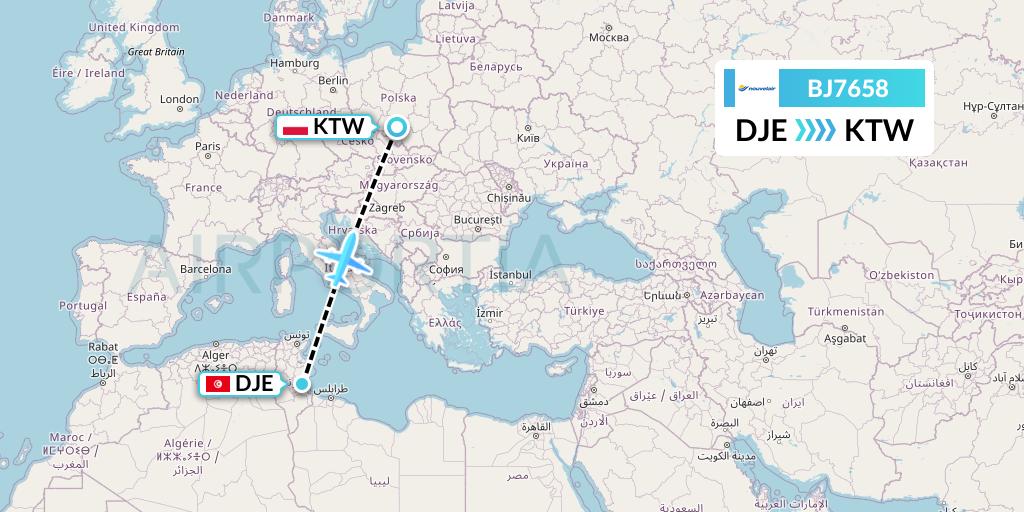 BJ7658 Nouvelair Tunisie Flight Map: Djerba to Katowice